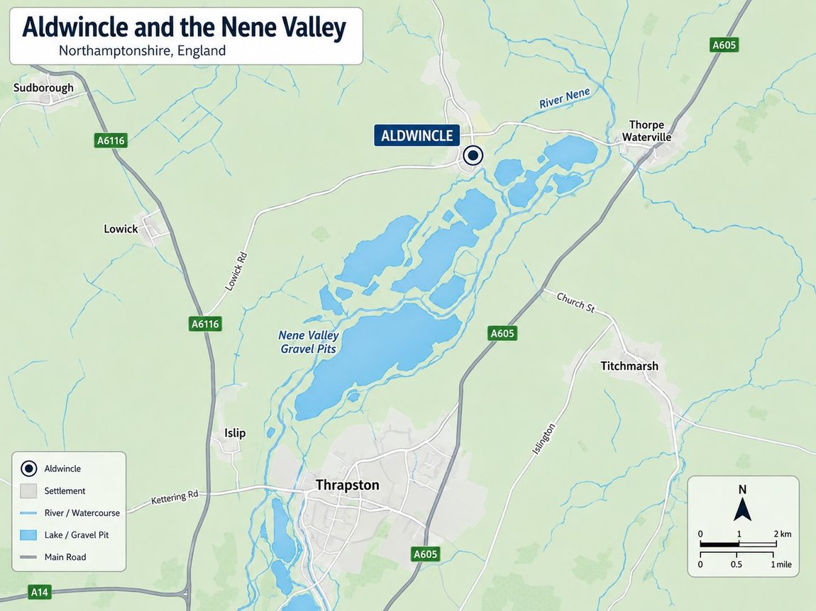 Locator map: Aldwincle and the Nene Valley, Northamptonshire, showing Aldwincle in relation to Thrapston, Thorpe Waterville, Titchmarsh, Lowick, Islip and Sudborough, the River Nene, the chain of Nene Valley Gravel Pit lakes, and the A605/A6116/A14 roads