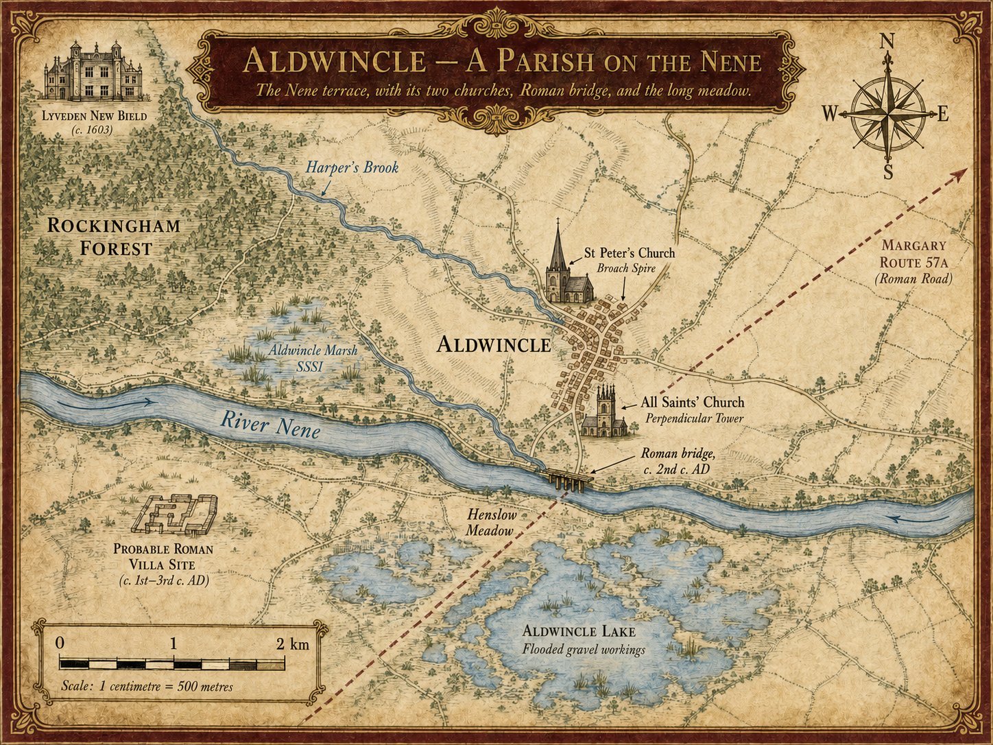 Heritage map of Aldwincle parish: two churches in the village (St Peter's with broach spire to the north, All Saints with Perpendicular tower to the south), Roman timber bridge south of the village on the River Nene at Henslow Meadow, probable Roman villa site to the SW, Aldwincle Marsh SSSI on Harper's Brook, Aldwincle Lake (flooded gravel workings) south of the river, Lyveden New Bield to the NW, Margary Route 57A Roman road running SW to NE — drawn in antique cartographic style with cartouche, compass rose and scale bar