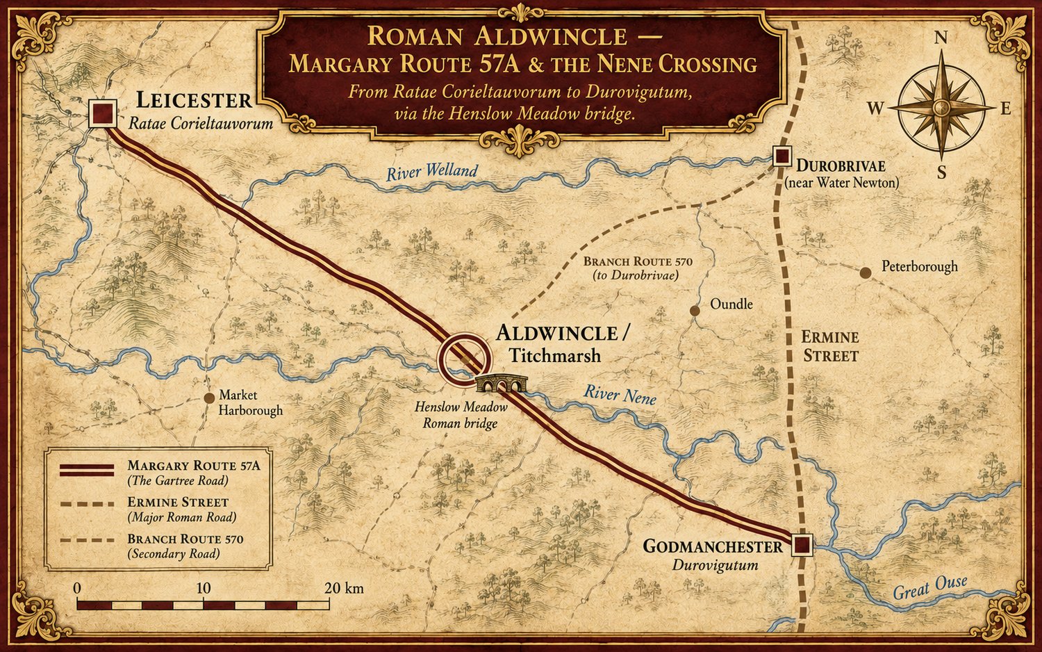 Heritage regional map of Roman Britain around Aldwincle: Margary Route 57A running diagonally NW–SE from Leicester (Ratae Corieltauvorum) through Aldwincle and the Henslow Meadow Roman bridge to Godmanchester (Durovigutum); Ermine Street as the major north–south Roman road passing through both Durobrivae (near Water Newton) and Godmanchester; branch route 570 to Durobrivae; reference points at Oundle, Peterborough and Market Harborough; rivers Nene, Welland and Great Ouse — drawn in antique cartographic style