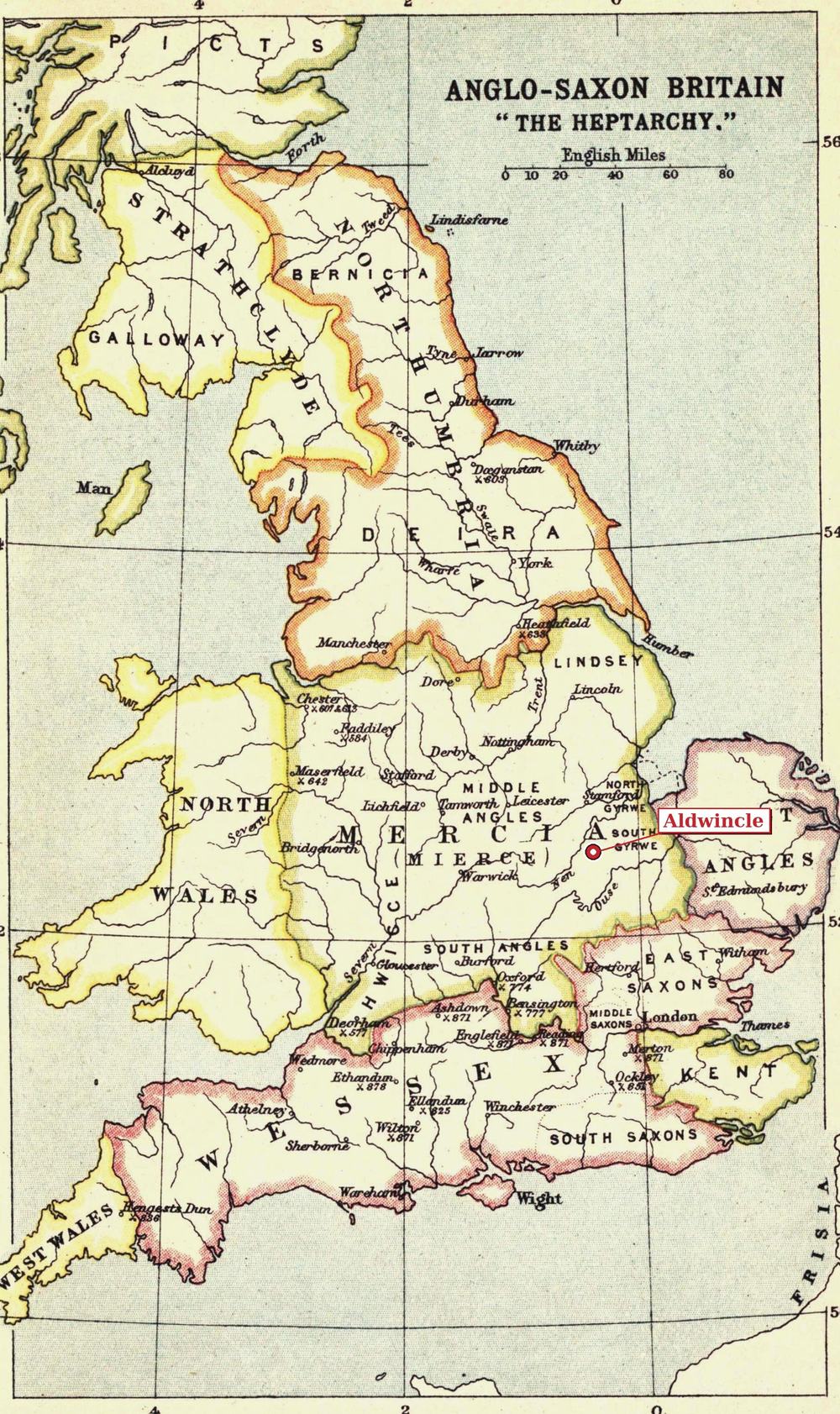 Anglo-Saxon Britain ‘The Heptarchy’ — a historical map showing the seven Anglo-Saxon kingdoms (Northumbria, Mercia, East Angles, East Saxons, Wessex, Sussex, Kent) with Aldwincle marked in Middle Angles within Mercia, on the River Nene, in the territory just west of South Gyrwe and East Angles