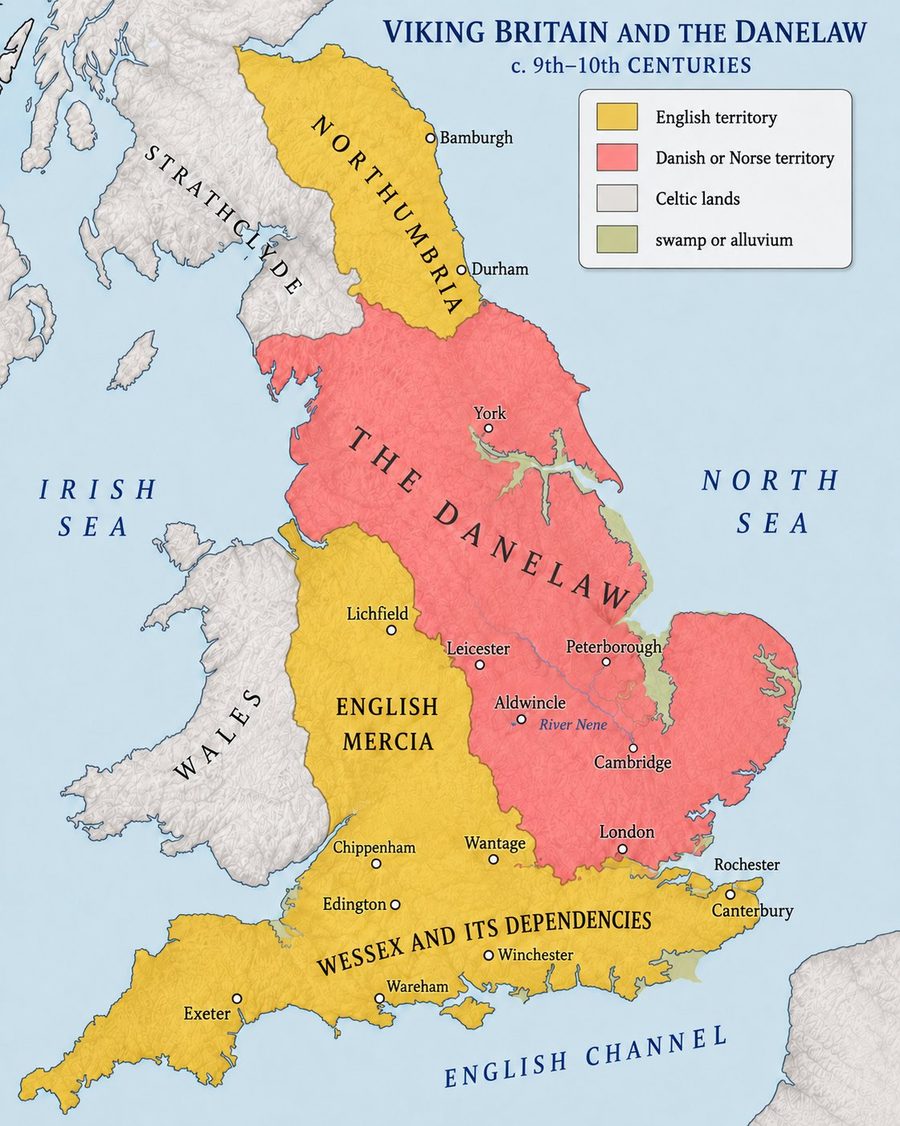 Map of Viking Britain and the Danelaw in the 9th–10th centuries, showing English Mercia and Wessex in yellow, the Danelaw in pink-red, and Aldwincle marked on the River Nene within the Danelaw zone close to its south-western boundary